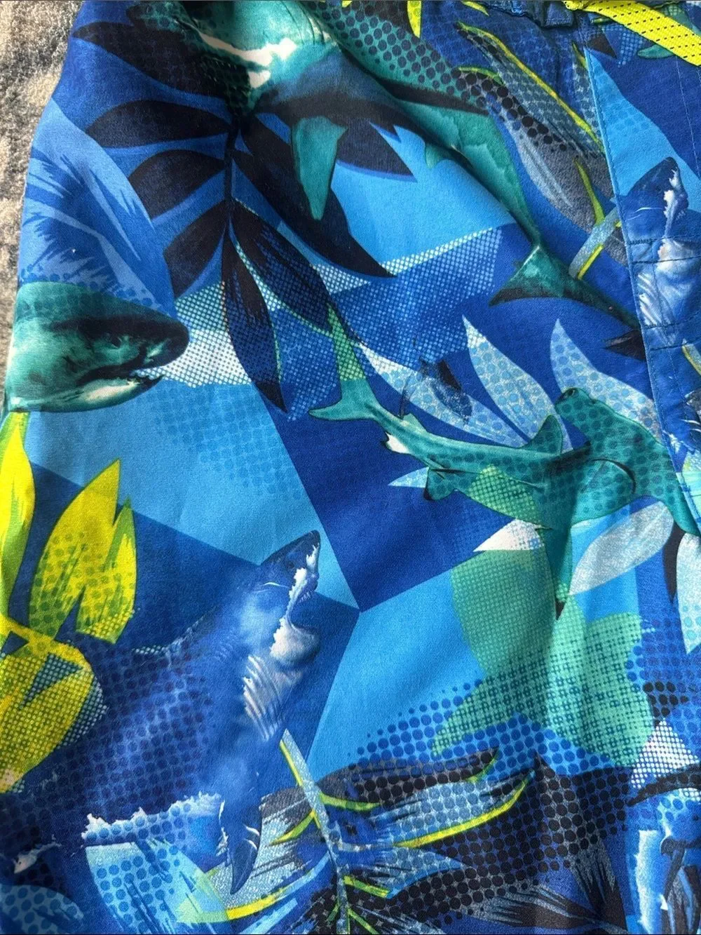 Boys Blue Tropical Swim Trunks with Neon Accents